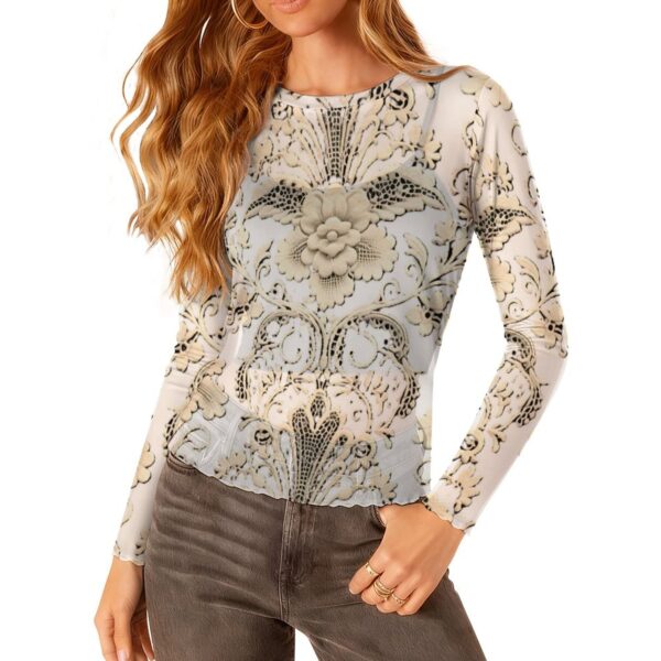 Vintage Baroque Print Long Sleeve Top for Women – Elegant Fitted Boho Chic Mesh