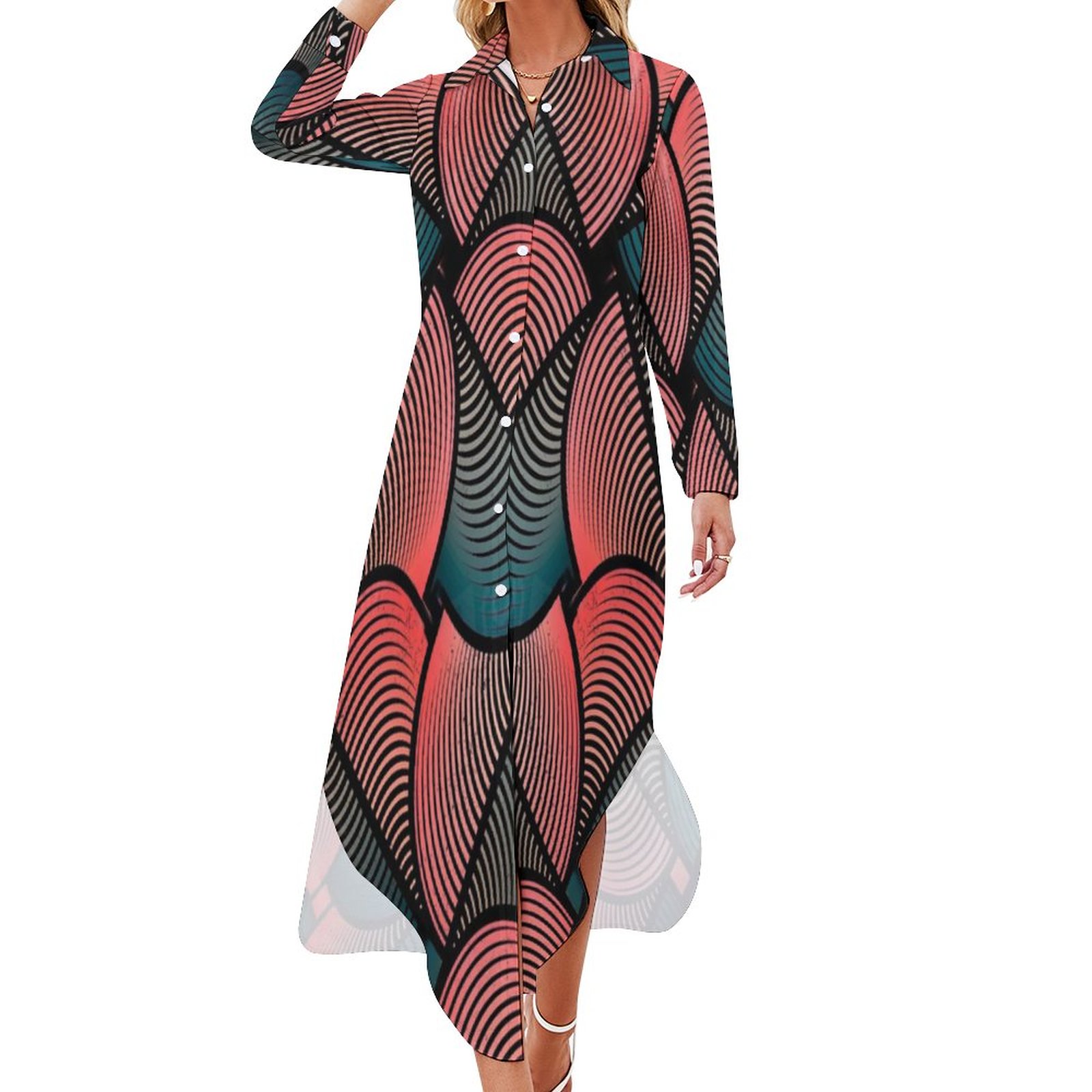 Retro Geometric Maxi Dress for Women – Long Sleeve Button Front Boho Statement Dress