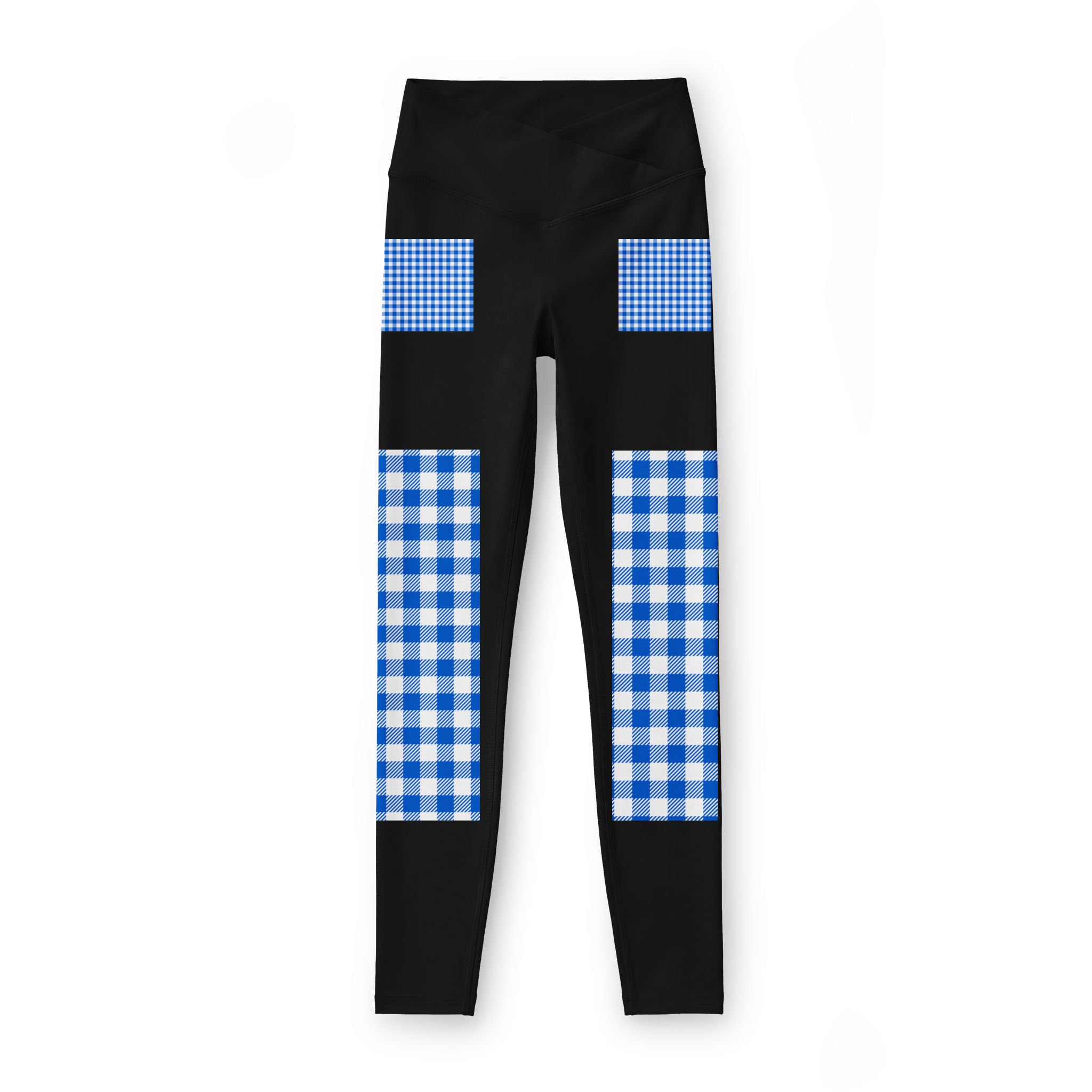 Blue Gingham Patchwork Leggings — Women's High-Waist Athletic Tights