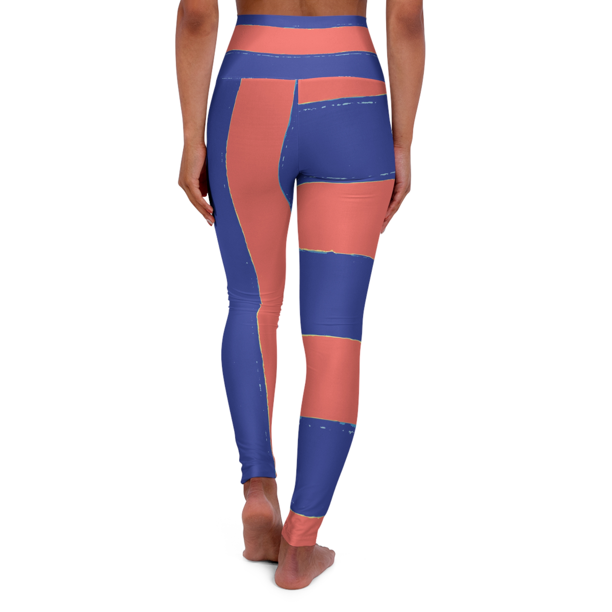 Electric Blue & Coral Color-Block High-Waisted Yoga Leggings