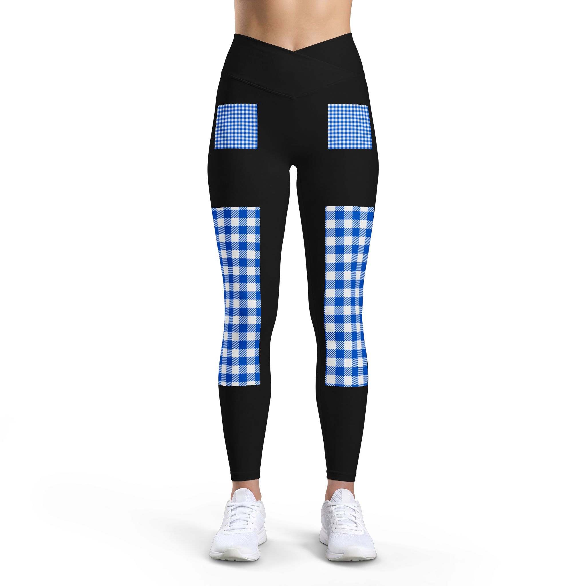 Blue Gingham Patchwork Leggings — Women's High-Waist Athletic Tights