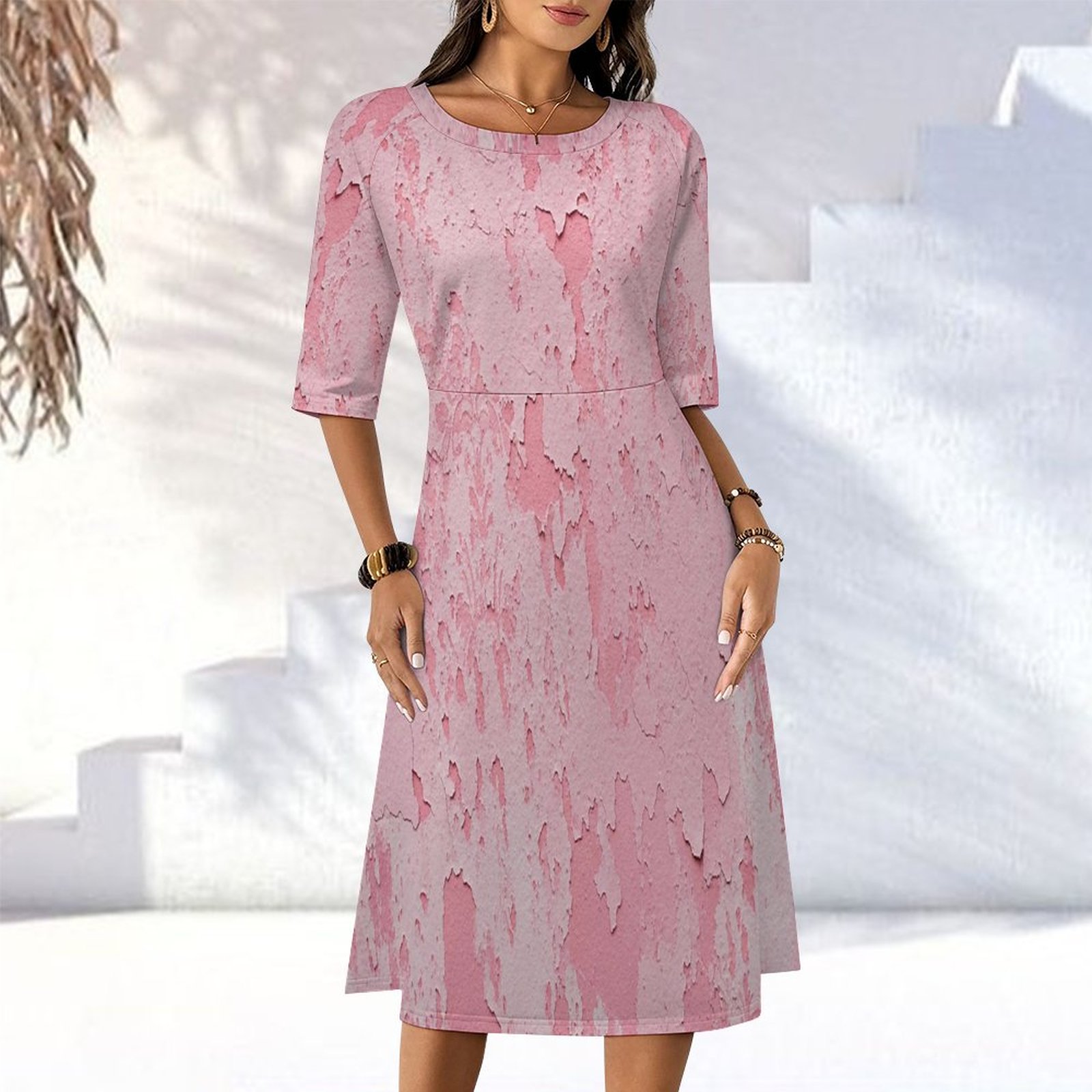 Dusty Rose Textured 3/4 Sleeve Long Dress