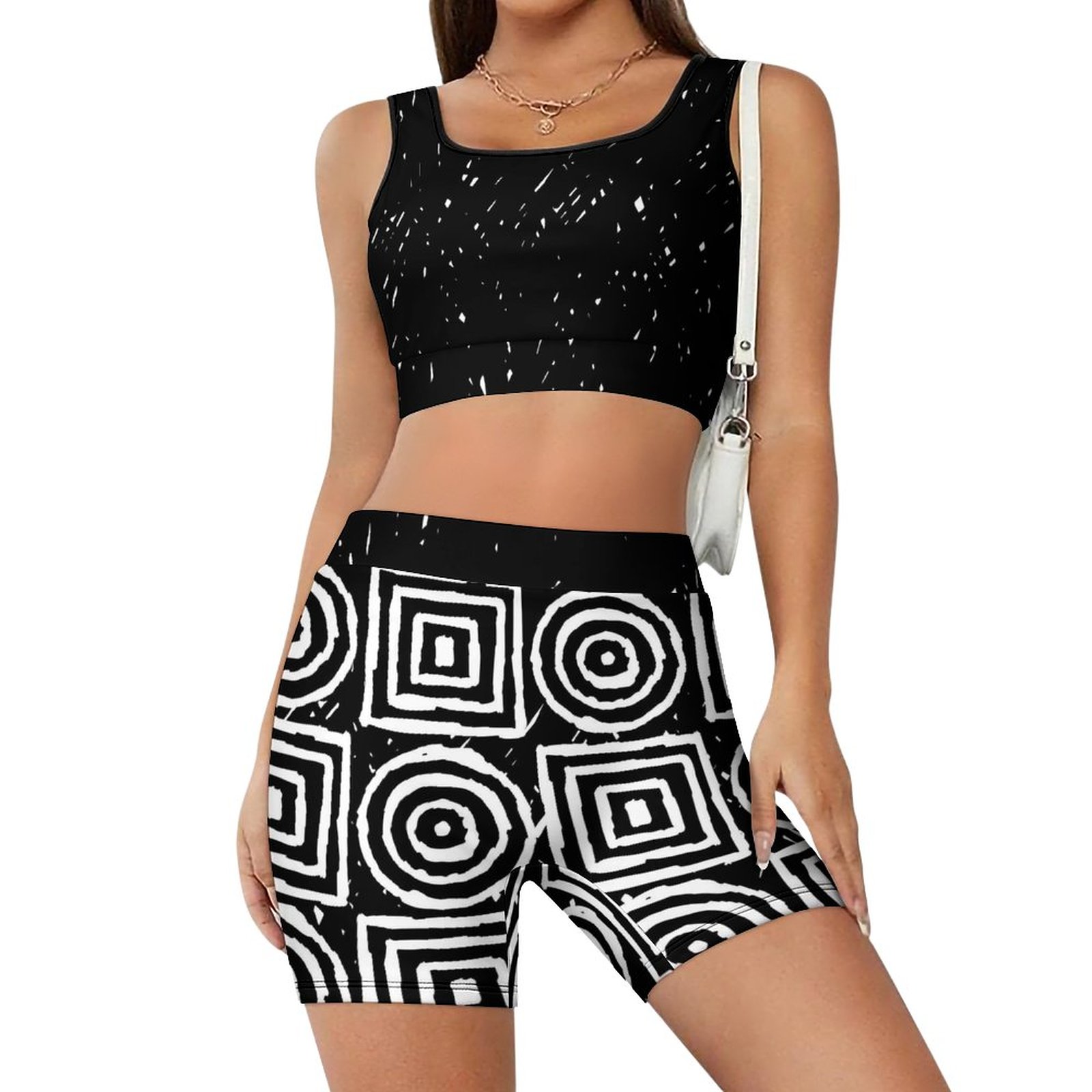Black Crop Top and Geometric Shorts Set for Women – Retro Two Piece Summer Outfit