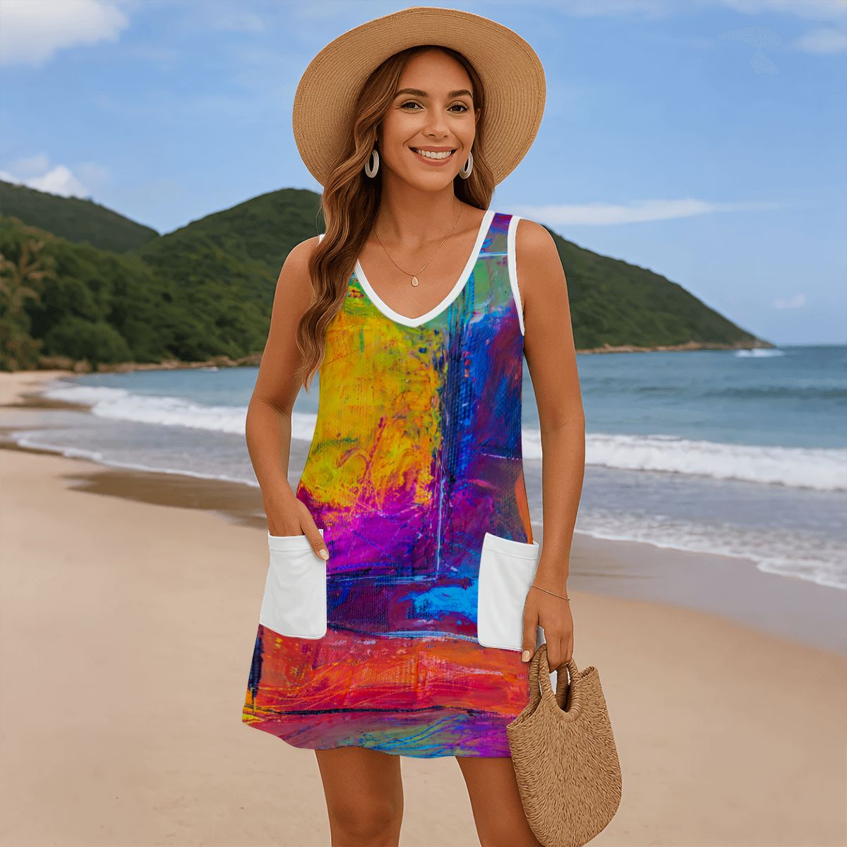 Beachside Neon-Art Pocket Tank Dress Women's Sleeveless Dress with Pockets