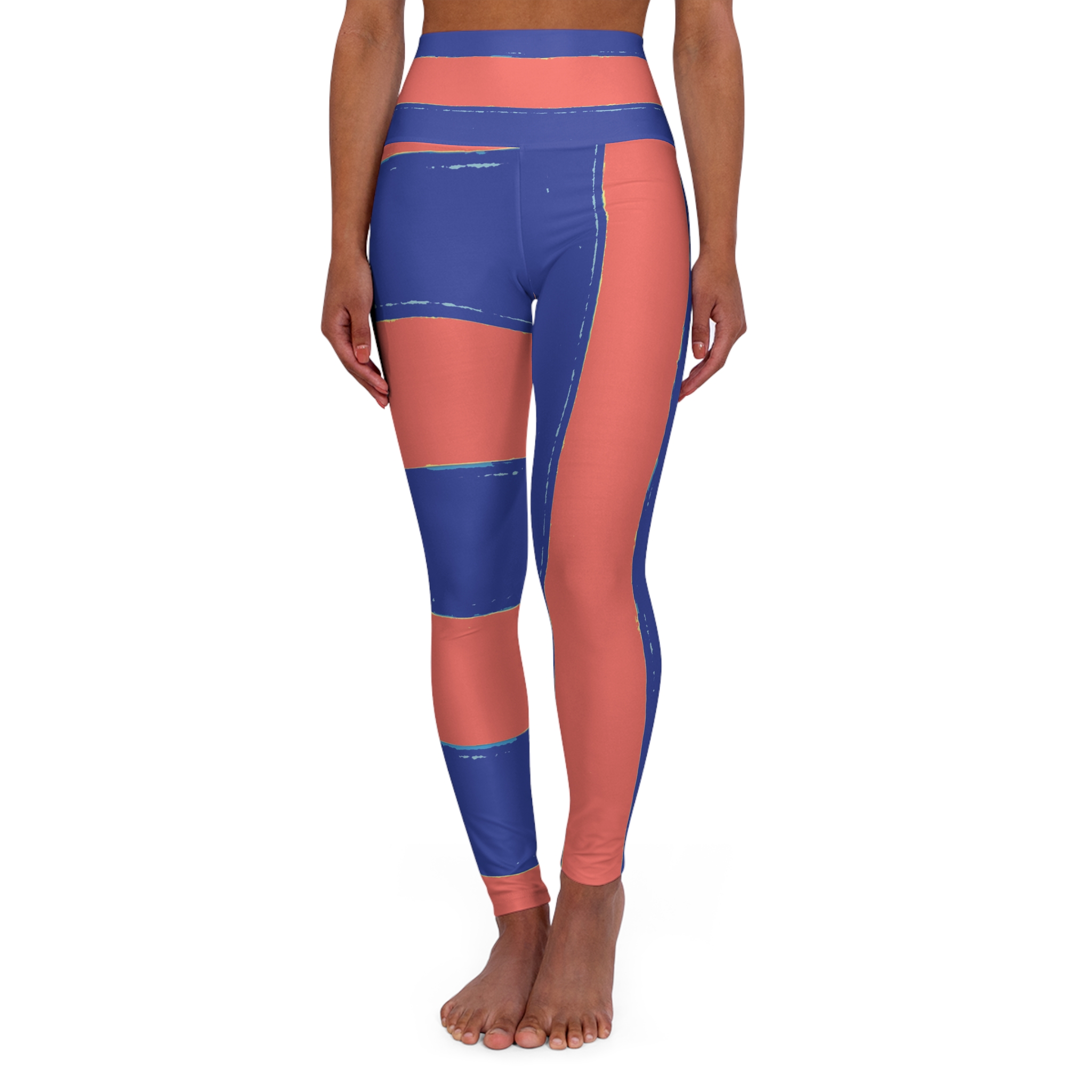 Electric Blue & Coral Color-Block High-Waisted Yoga Leggings