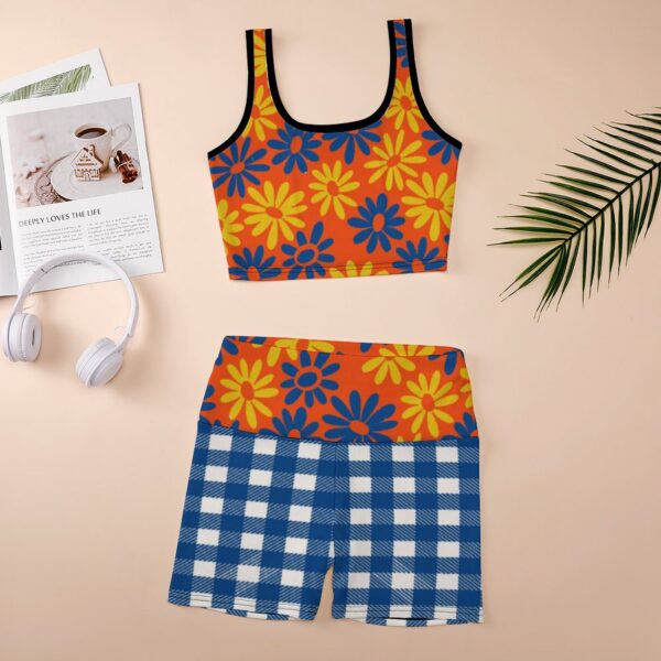 Retro Floral Crop Top and Plaid Shorts Set for Women – Colorful Summer Two Piece Outfit