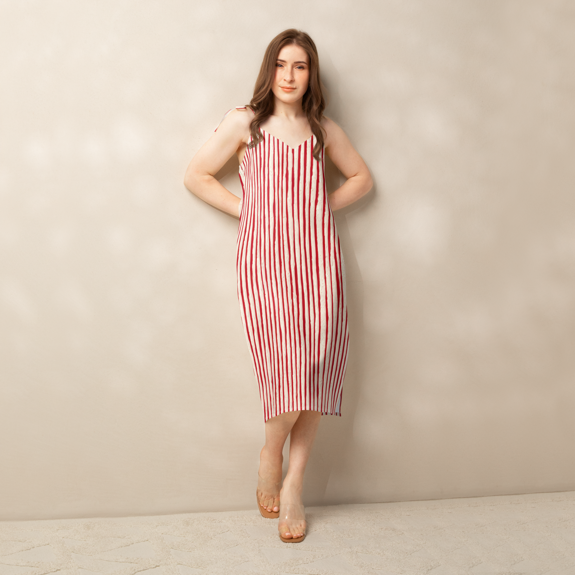 Red-Cream Candy-Stripe Tie-strap midi dress
