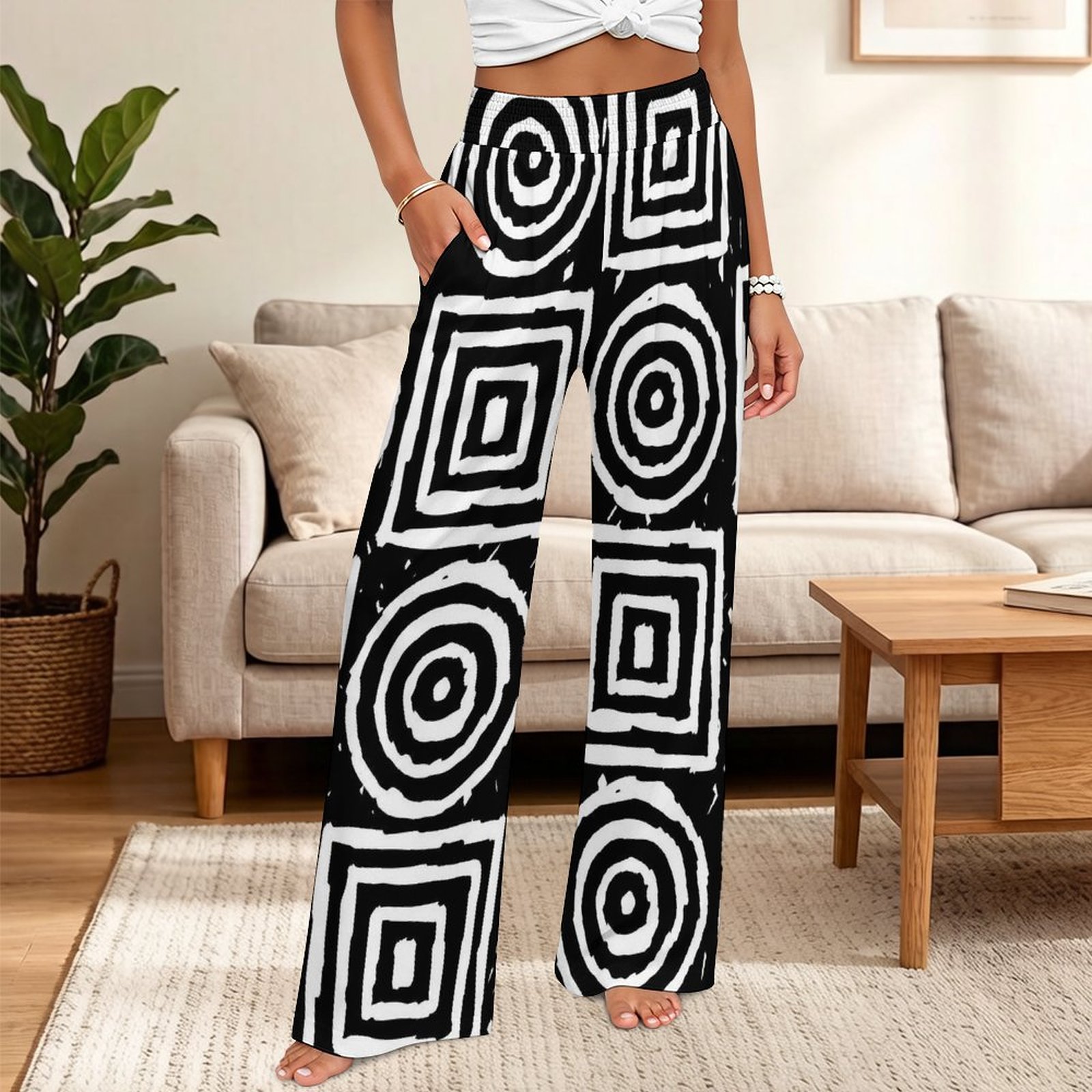 Black White Geometric Wide Leg Pants Women Boho Palazzo Casual Lounge Trousers