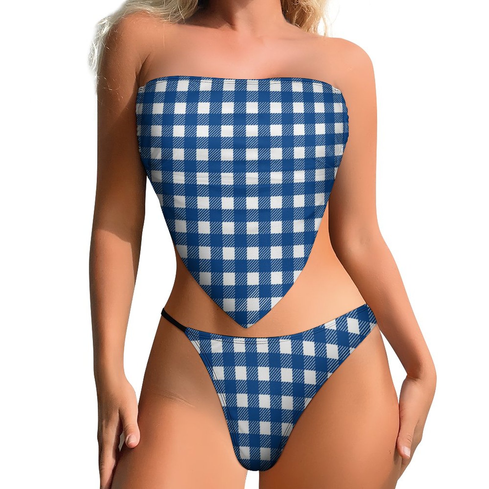 Blue Gingham Strapless Bikini Set Women High Cut Two Piece Bandeau Swimwear