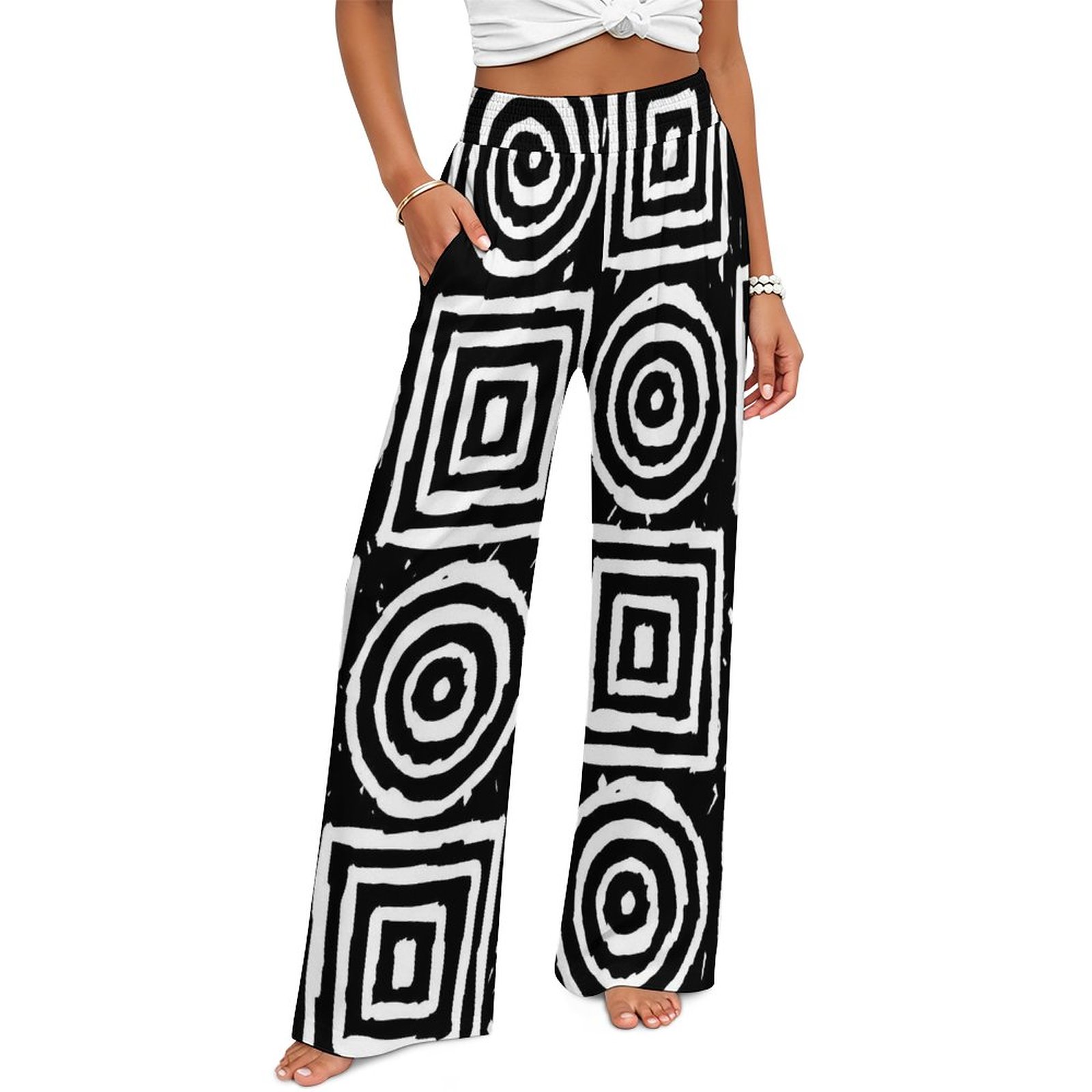 Black White Geometric Wide Leg Pants Women Boho Palazzo Casual Lounge Trousers