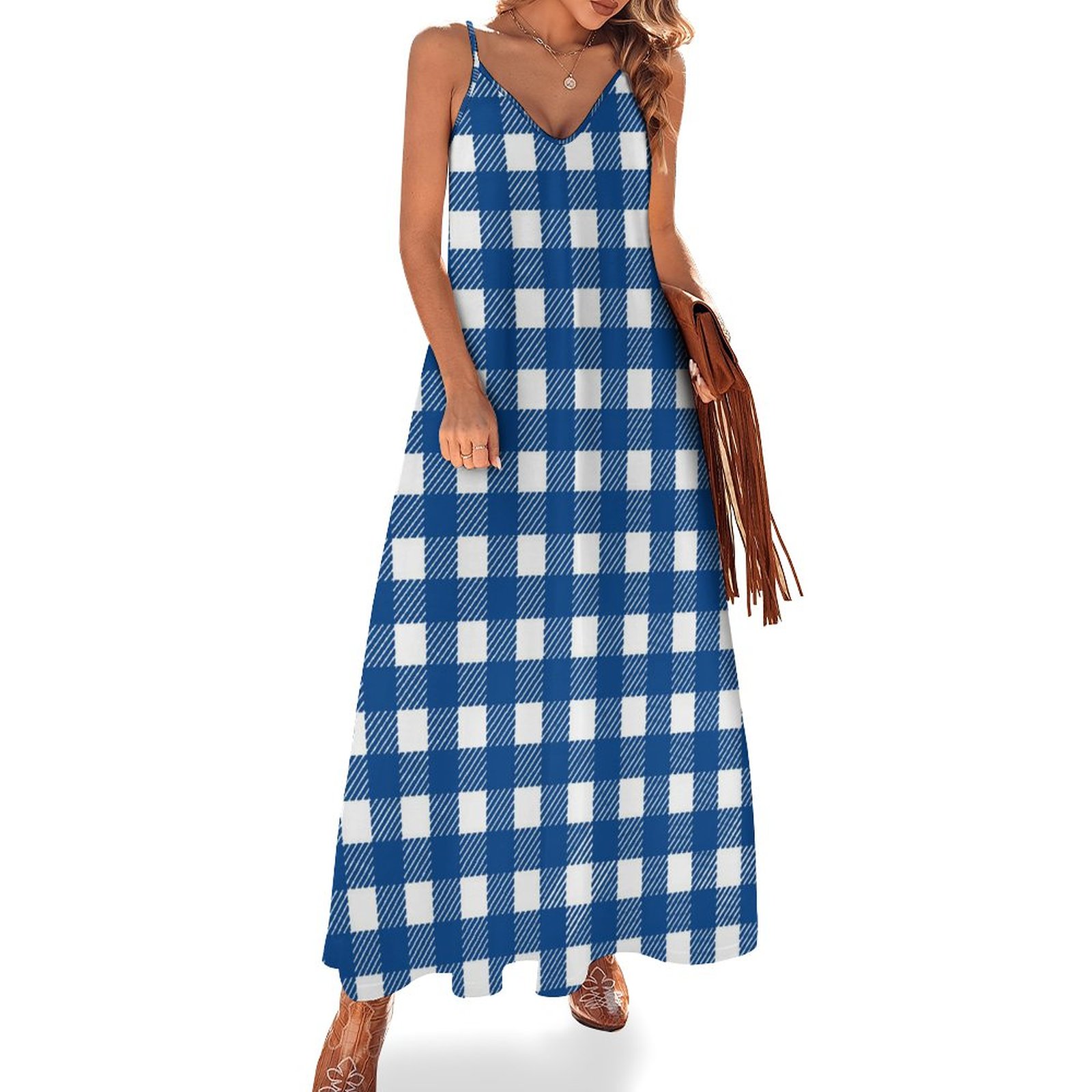 Blue Gingham Maxi Dress Women Sleeveless Casual Summer Beach Vacation Dress