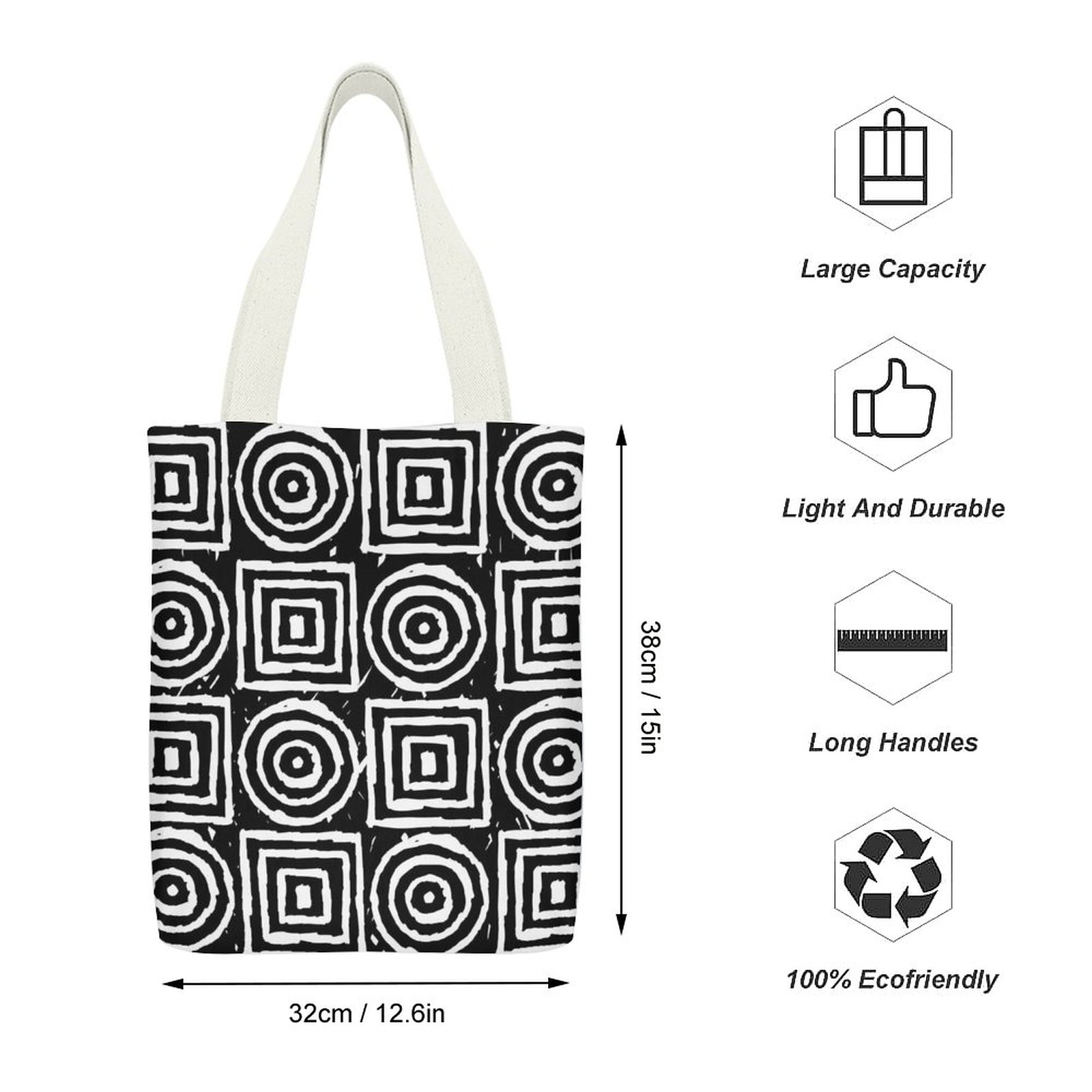 Black White Geometric Tote Bag Large Canvas Material with Interior Pocket (Dual-sided Printing)