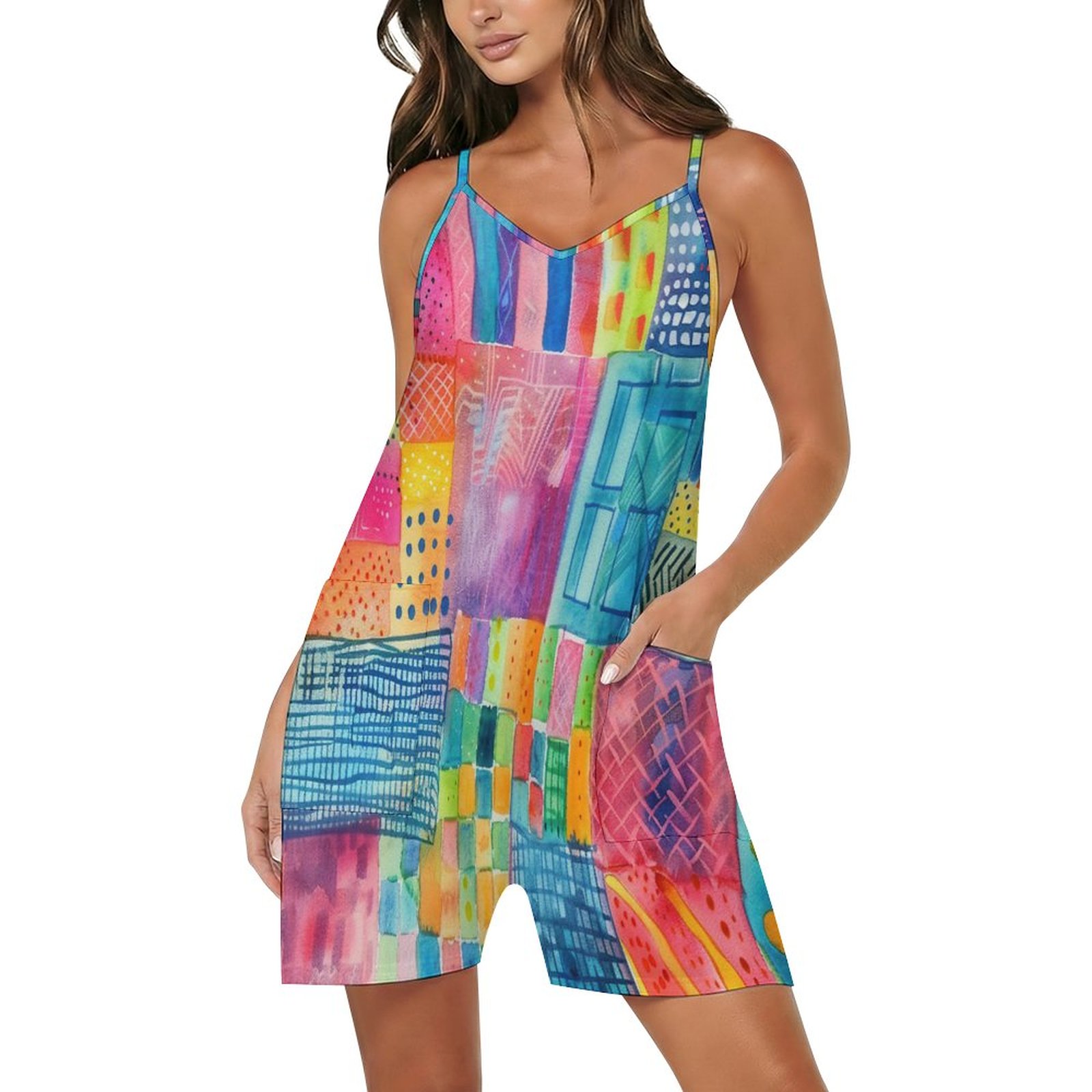 Colorful Patchwork Romper Women Sleeveless Casual Summer Jumpsuit Boho Outfit