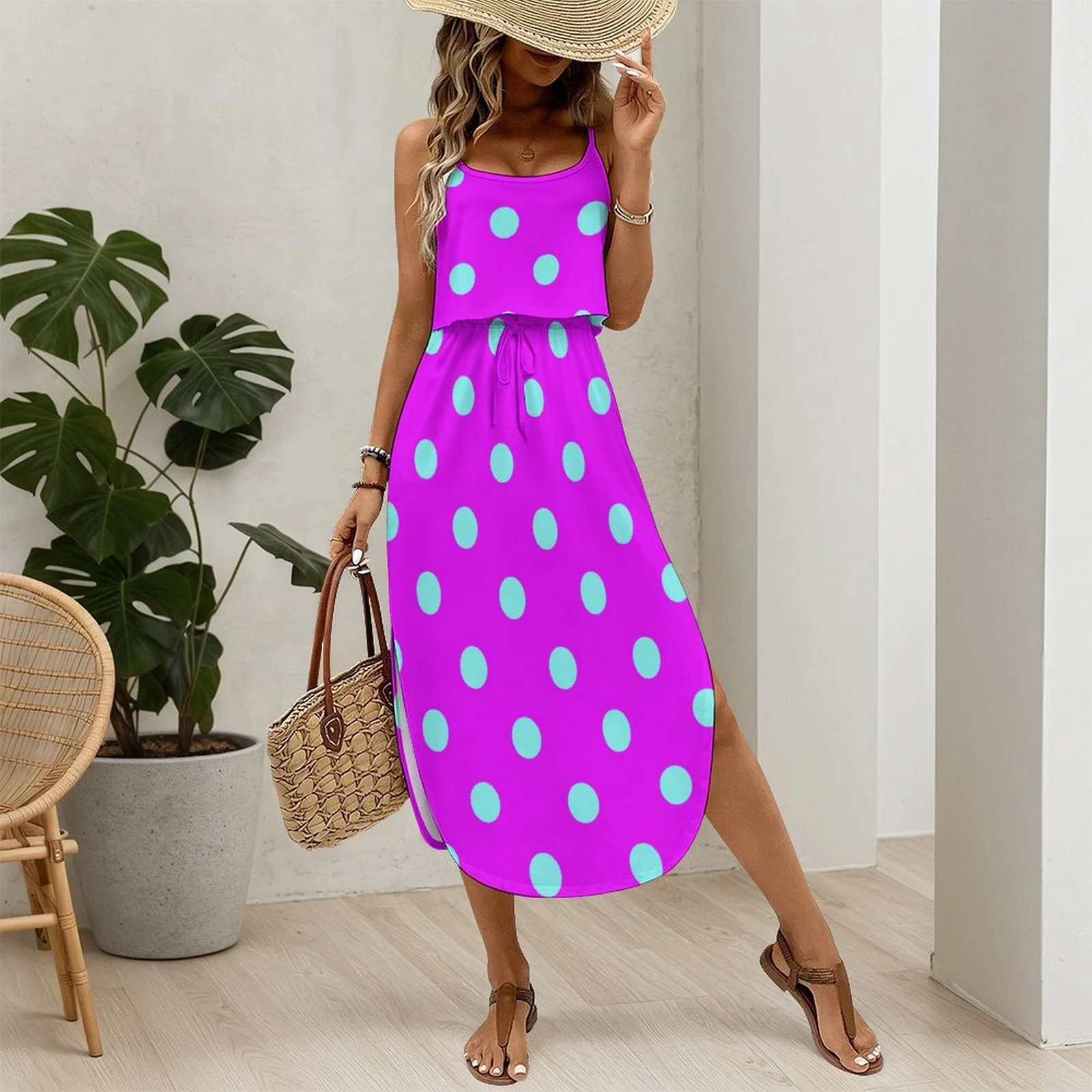 Magenta Mint Polka Dot Spaghetti Strap Midi Dress