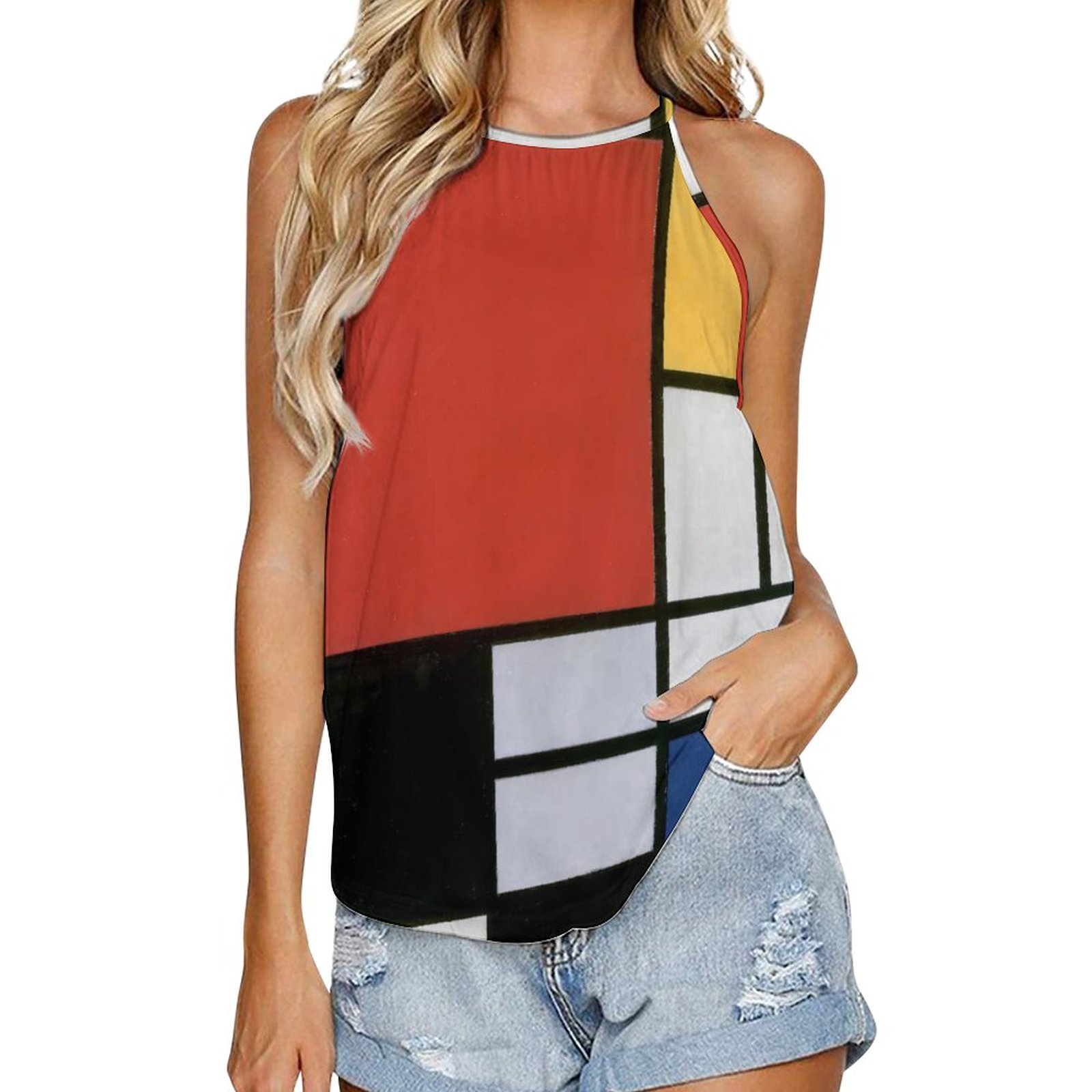 Modern Art Colorblock Halter Tank Top