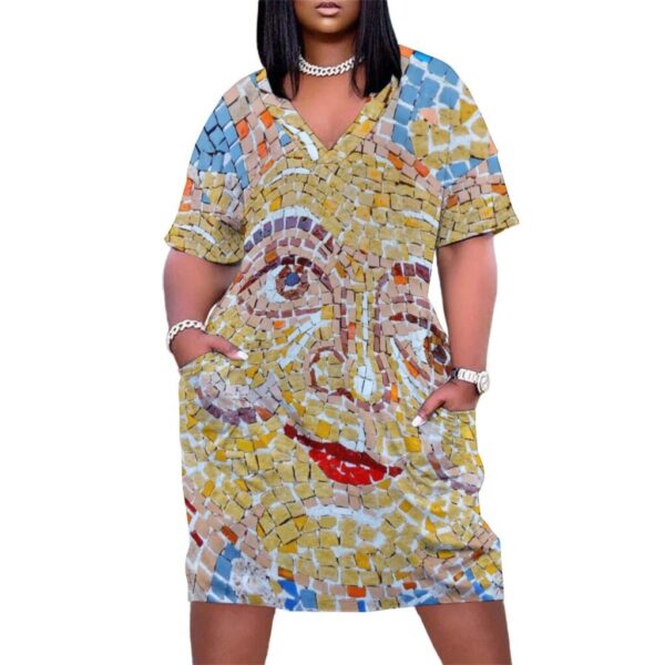 Mosaic Print V-Neck Baggy Dress with Pockets