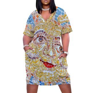 Colorful Mosaic-Face Short-Sleeve Dress V-Neck Baggy Dress with Pocket