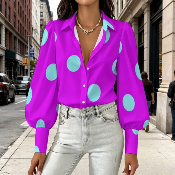 Polka Dot Satin Lantern-Sleeve Blouse