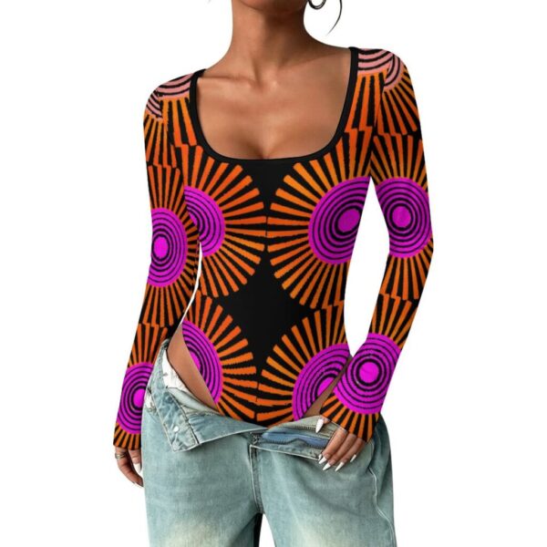 Black and Orange Sunburst Square Collar Long Sleeved Jumpsuit